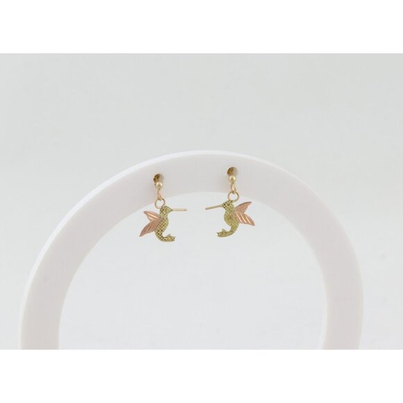 10k Yellow Gold Black Hills Gold Hummingbird Earrings Dangle Drop 1/2" x 3/8" - Picture 7 of 7